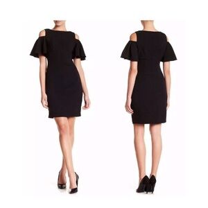 ELIZA J Black Open SHOULDER Ruffle Sleeve RUCHED Side COCKTAIL Mini DRESS Sz 144